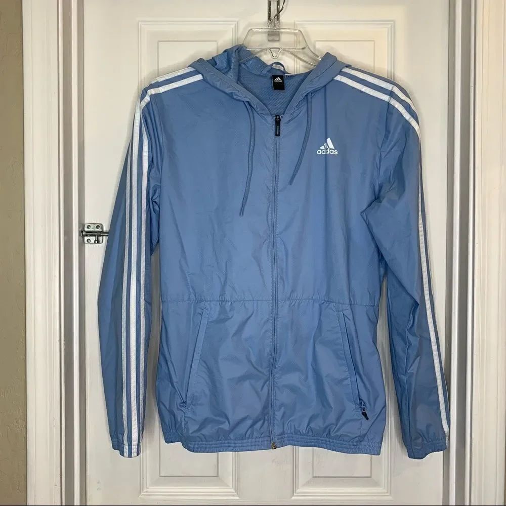 Adidas Windbreaker Jacket Light Blue Athletic Zip Front Size Large